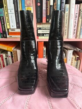 Black Croc-Embossed Square-Toe Boots